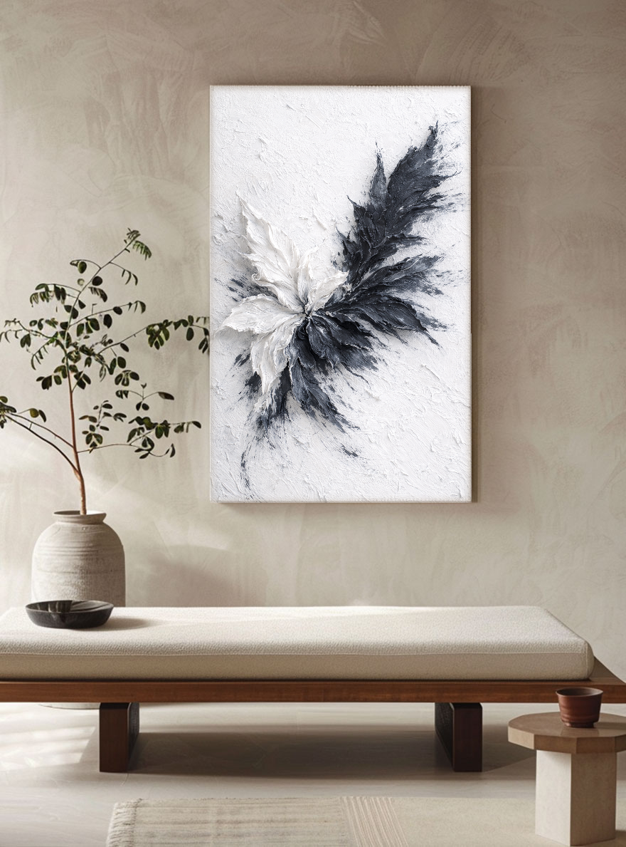 Black White Dark Grey Light Grey Impasto Textured Abstract Floral Leaf Wall Art for Living Room Office Bedroom Dining Room Hallway, Thick Knife Brush Paint Stacking, Modern Minimalist Contrast Monochrome Home Decor