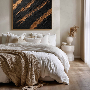 Black and Gold Abstract Impasto Textured Wall Art, Luxury Thick Paint Stacking Knife Marks Diagonal Lines Artwork, Modern Minimalist Canvas Decor for Office Hallway Dining Room Bedroom Living Room