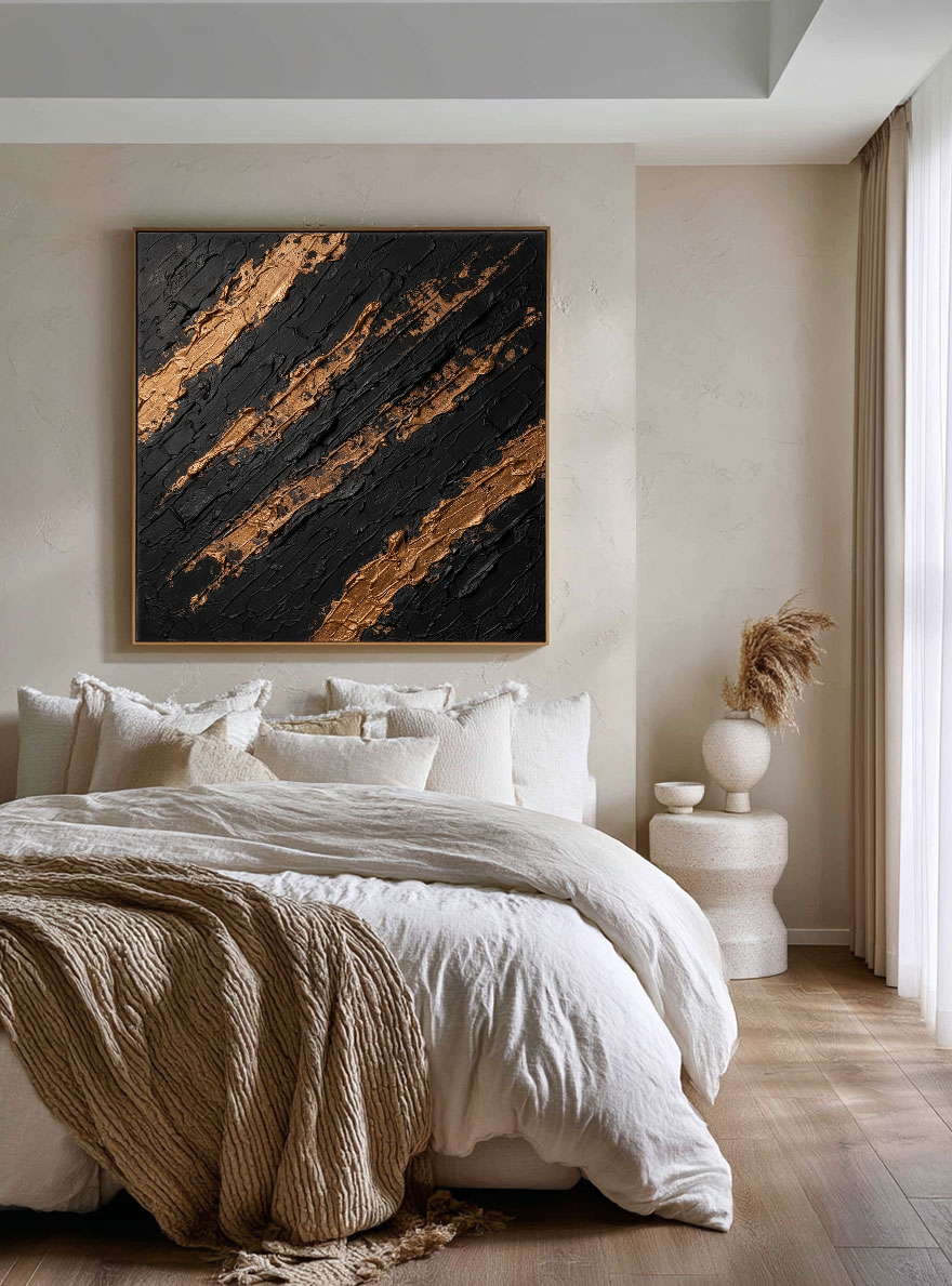 Black and Gold Abstract Impasto Textured Wall Art, Luxury Thick Paint Stacking Knife Marks Diagonal Lines Artwork, Modern Minimalist Canvas Decor for Office Hallway Dining Room Bedroom Living Room