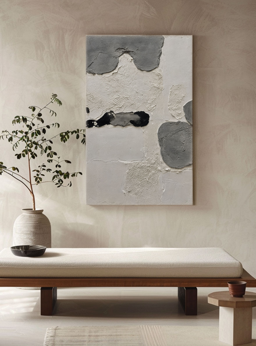 Minimalist Asymmetrical Abstract Textured Wall Art Neutral Black Medium Grey Beige White Modern Handcrafted Plaster Style Decor for Contemporary Office Hallway Dining Room Bedroom Living Room