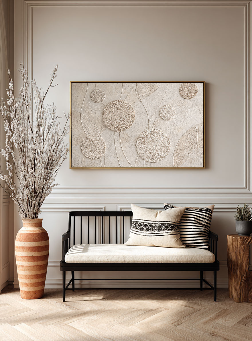 Minimalist Textured Beige White Abstract Floral Circular Lines Plaster Wall Art for Modern Neutral Living Room Bedroom Hallway Office Dining Room Interiors