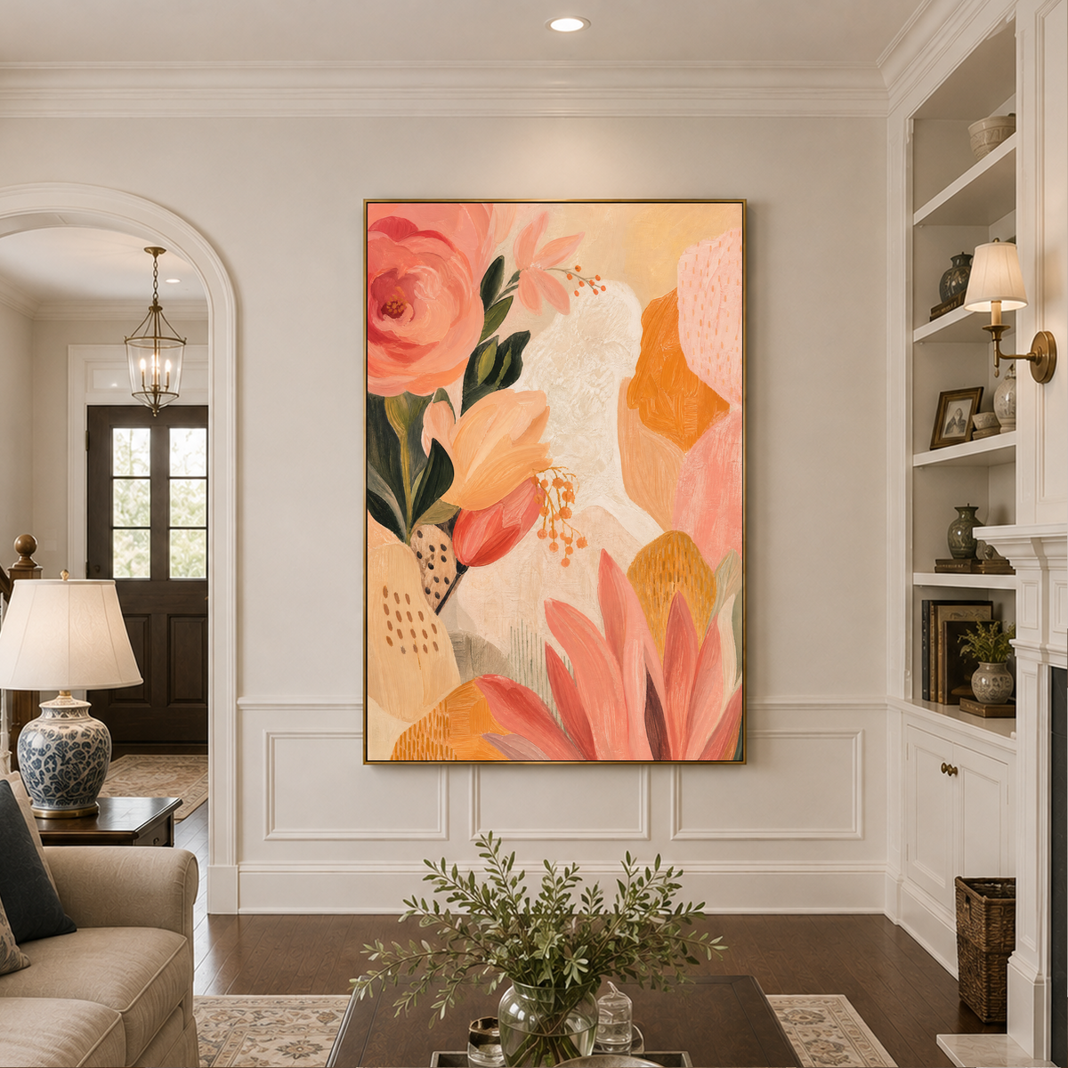Warm Abstract Floral Wall Art with Peonies Tulips & Geometric Shapes Soft Pink Beige Orange Green Botanical Print for Modern Home Decor