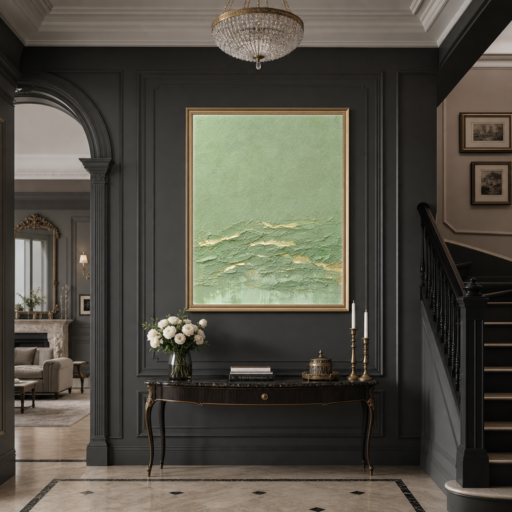 Textured Abstract Sage Green and Gold Plaster Texture Vertical Wall Art for Living Room