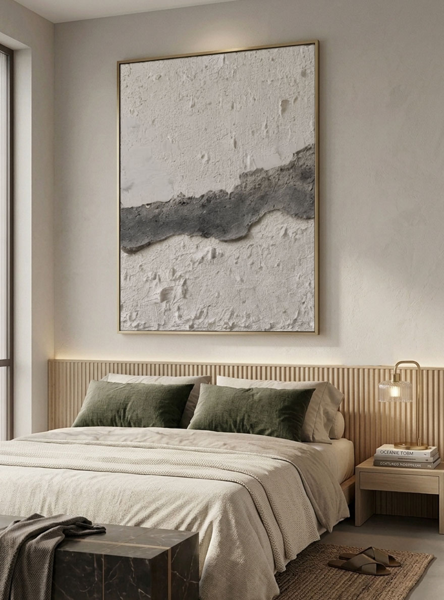 Minimalist Asymmetrical Textured Plaster Wall Art, Wabi Sabi Inspired Neutral Grey White Stucco Relief for Modern Interiors, Monochrome Abstract Office Hallway Bedroom Dining Living Room Decor