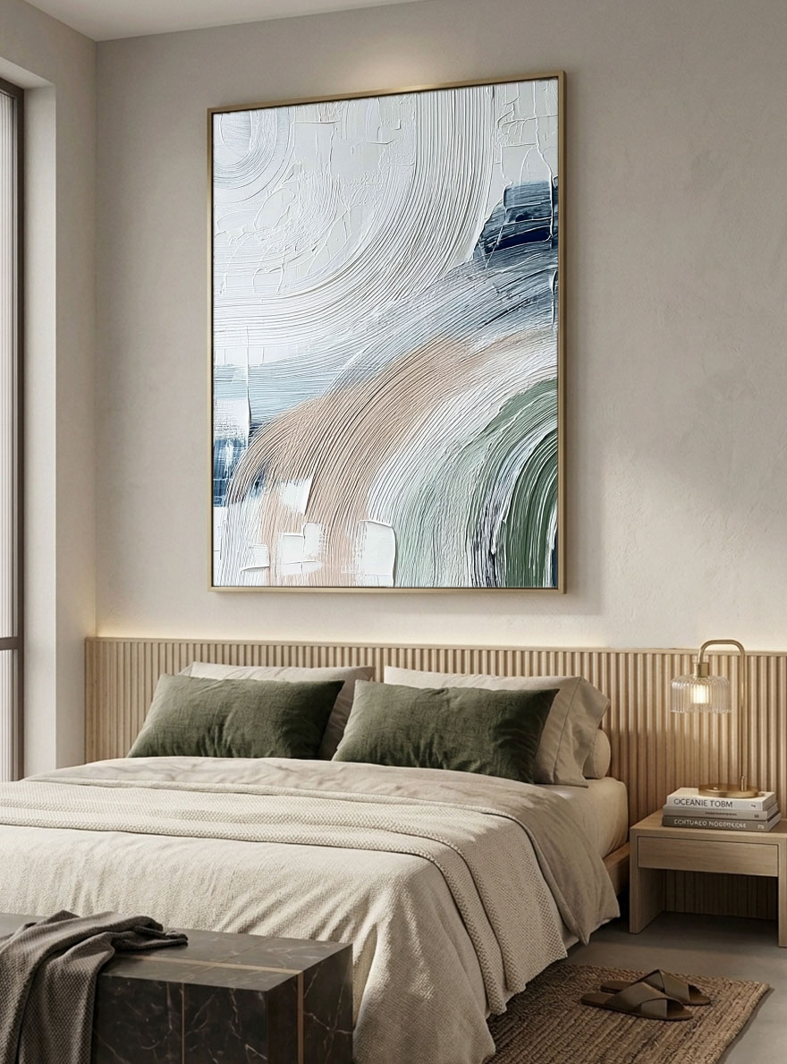 Minimalist Abstract Textured Curved Brushstrokes Blue Green Beige White Impasto Canvas Wall Art for Modern Living Room Bedroom Dining Room Office Hallway Home Decor