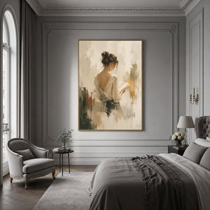 Serene Reader: Abstract Figurative Painting in Warm Tones in a sophisticated bedroom