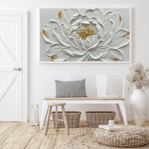 Elegant White Gold 3D Textured Flower Wall Art, Framed Impasto Floral Canvas Artwork for Living Room Bedroom Dining Room Hallway Office Modern Home Decor