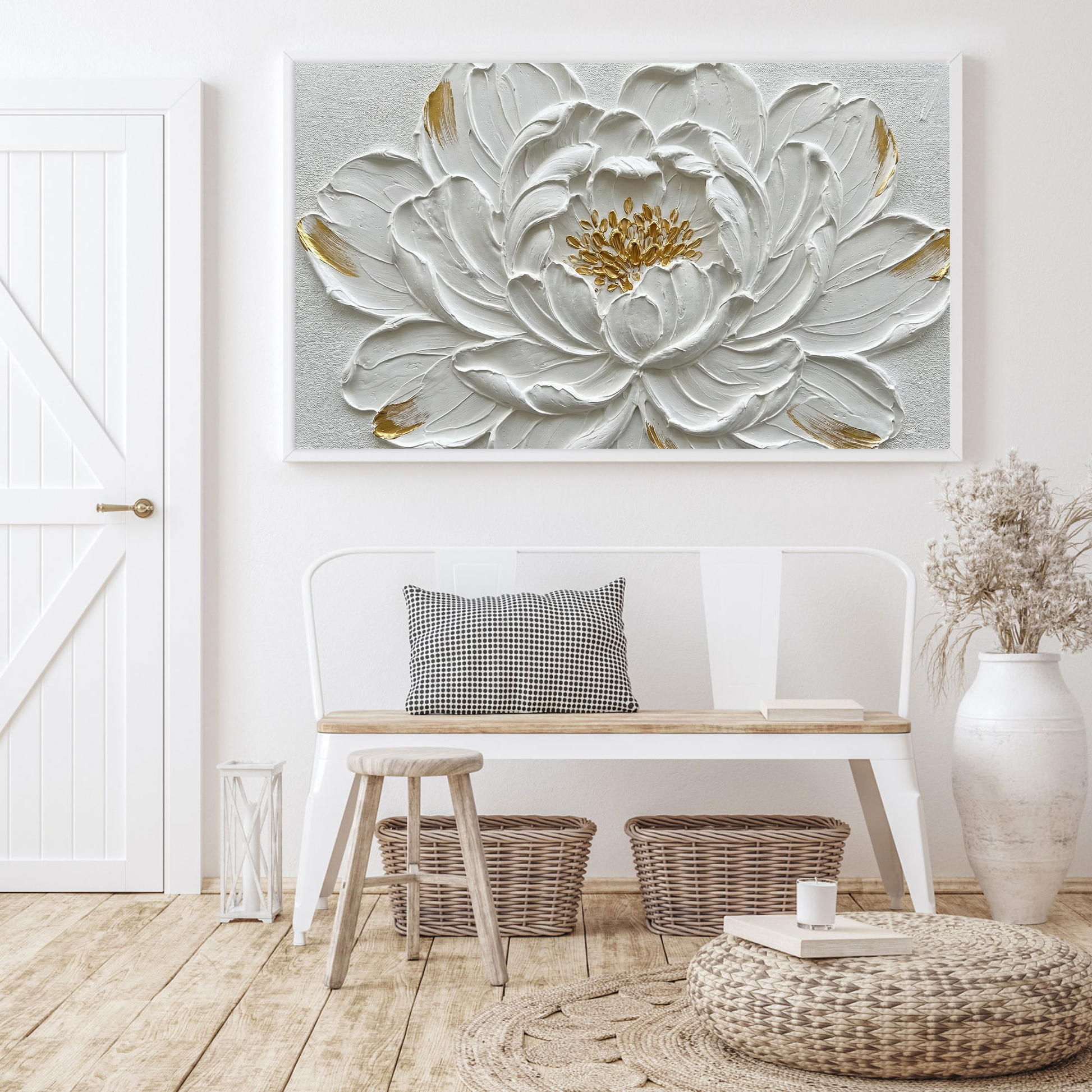 Elegant White Gold 3D Textured Flower Wall Art, Framed Impasto Floral Canvas Artwork for Living Room Bedroom Dining Room Hallway Office Modern Home Decor