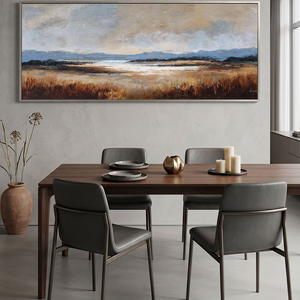 Vintage Landscape Wall Art - Panoramic Muted Marshland Acrylic Painting