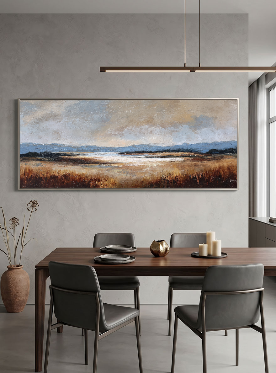 Vintage Landscape Wall Art - Panoramic Muted Marshland Acrylic Painting