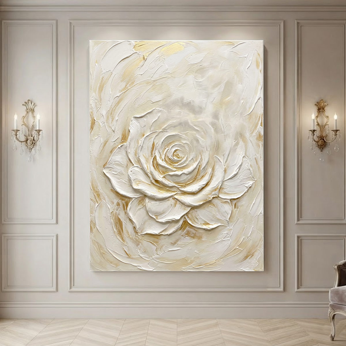 White and Gold Textured Rose Vertical Wall Art for Bedroom or Living Room