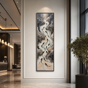Abstract Koi Fish Stream Vertical Wall Art Textured Impasto Neutral Beige Brown Grey Black Modern Minimalist Canvas for Office Hallway Living Room Bedroom Dining Room