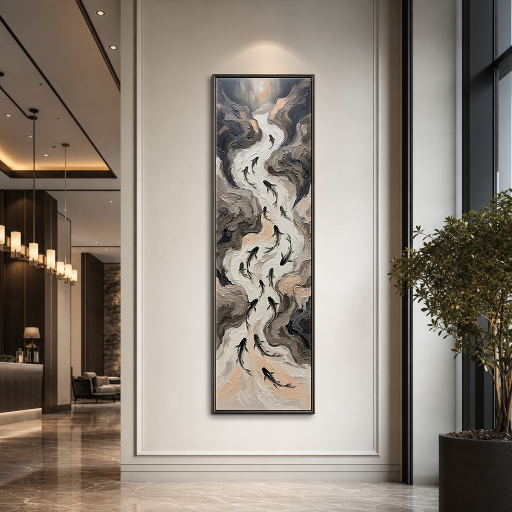 Abstract Koi Fish Stream Vertical Wall Art Textured Impasto Neutral Beige Brown Grey Black Modern Minimalist Canvas for Office Hallway Living Room Bedroom Dining Room