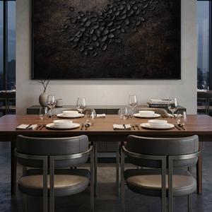 Dark Aesthetic 3D Textured Floral Relief Wall Art with Black Overlapping Petal Sculptures and Aged Worn Brown Earthy Base, Moody Monochrome Botanical Decor for Minimalist Modern Industrial Living Space