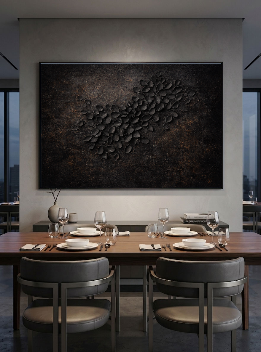 Dark Aesthetic 3D Textured Floral Relief Wall Art with Black Overlapping Petal Sculptures and Aged Worn Brown Earthy Base, Moody Monochrome Botanical Decor for Minimalist Modern Industrial Living Space
