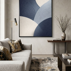 Modern Abstract Blue White Beige Light Grey Curved Geometric Lines Textured Impasto Canvas Wall Art for Minimalist Living Room Office Bedroom Dining Room Hallway Home Decor