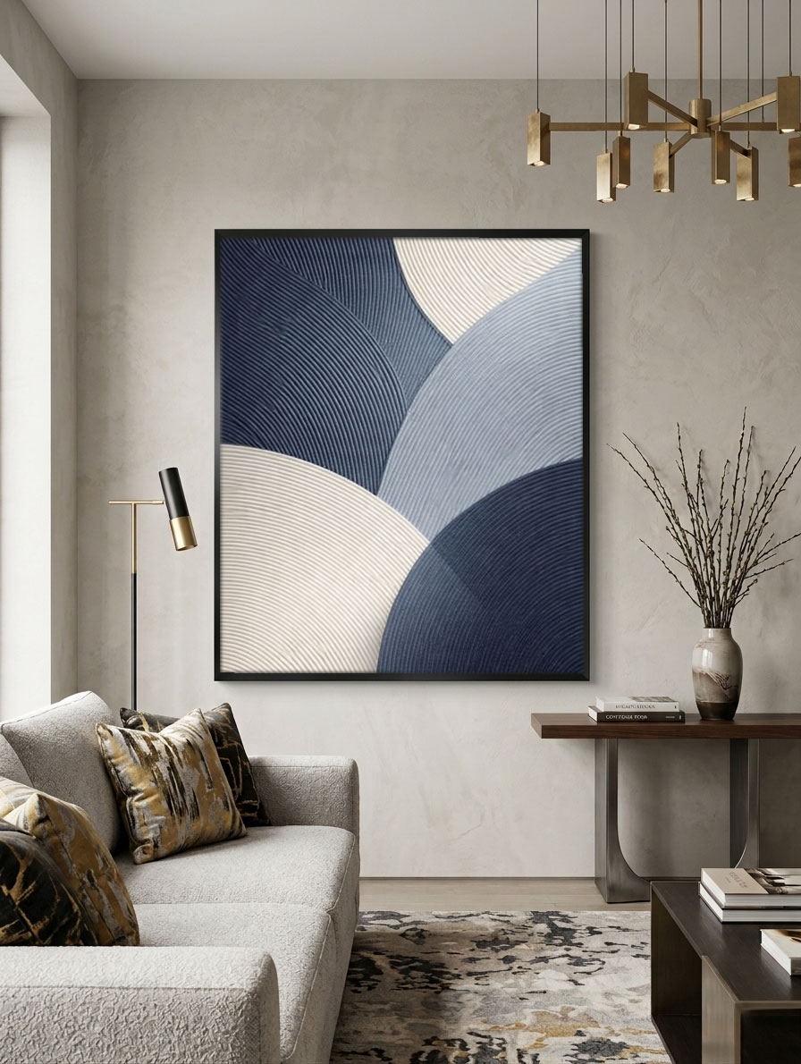Modern Abstract Blue White Beige Light Grey Curved Geometric Lines Textured Impasto Canvas Wall Art for Minimalist Living Room Office Bedroom Dining Room Hallway Home Decor