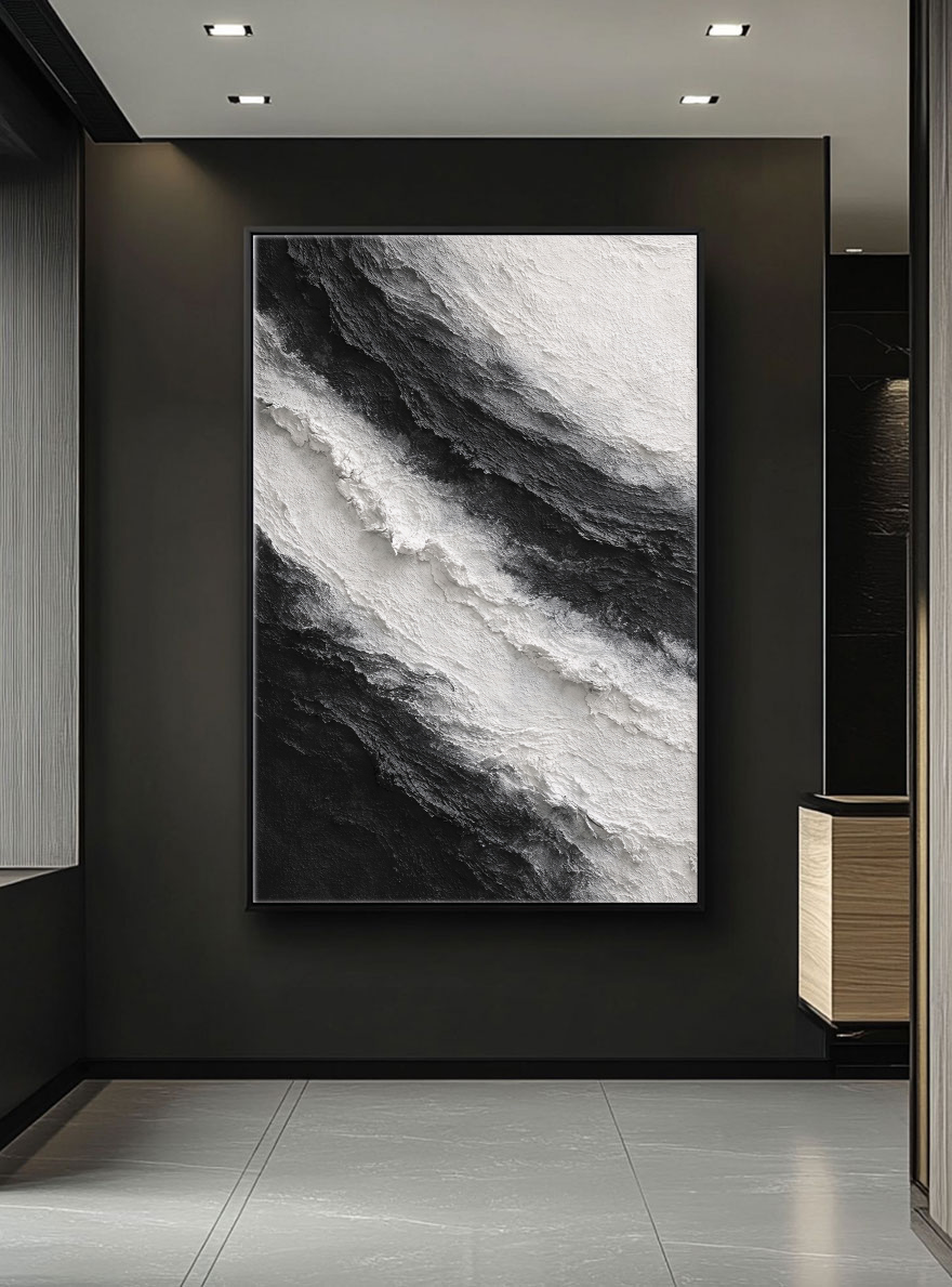 Black and White Abstract Textured Impasto Wall Art for Modern Minimalist Spaces – Monochrome Bold Waves Thick Knife Marks Artwork for Living Room Bedroom Office Dining Hallway Decor