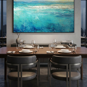 Abstract Coastal Ocean and Sky Textured Wall Art, Blue Green Beige White Impasto Painting, Modern Seascape Artwork for Living Room Bedroom Dining Room Hallway Office Decor