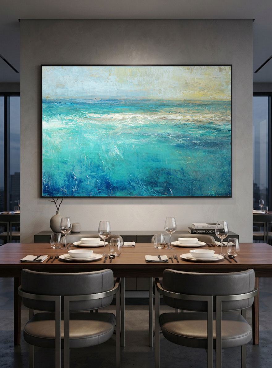Abstract Coastal Ocean and Sky Textured Wall Art, Blue Green Beige White Impasto Painting, Modern Seascape Artwork for Living Room Bedroom Dining Room Hallway Office Decor