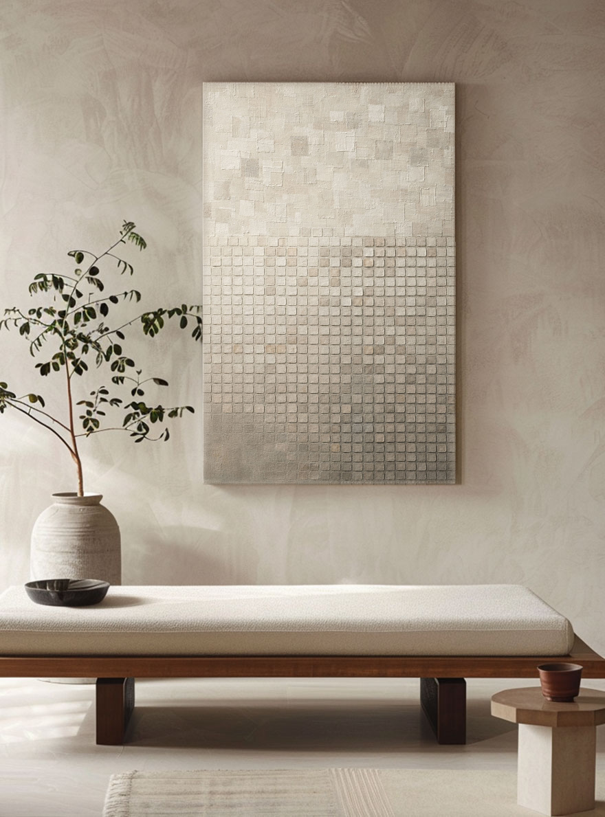 Minimalist Neutral Geometric Textured Wall Art – Soft Beige Off White Light Grey Abstract Grid Blocks, Muted Modern Decor, Thick Paint Stacking Canvas Artwork for Home Living Room Bedroom Office Dining Hallway