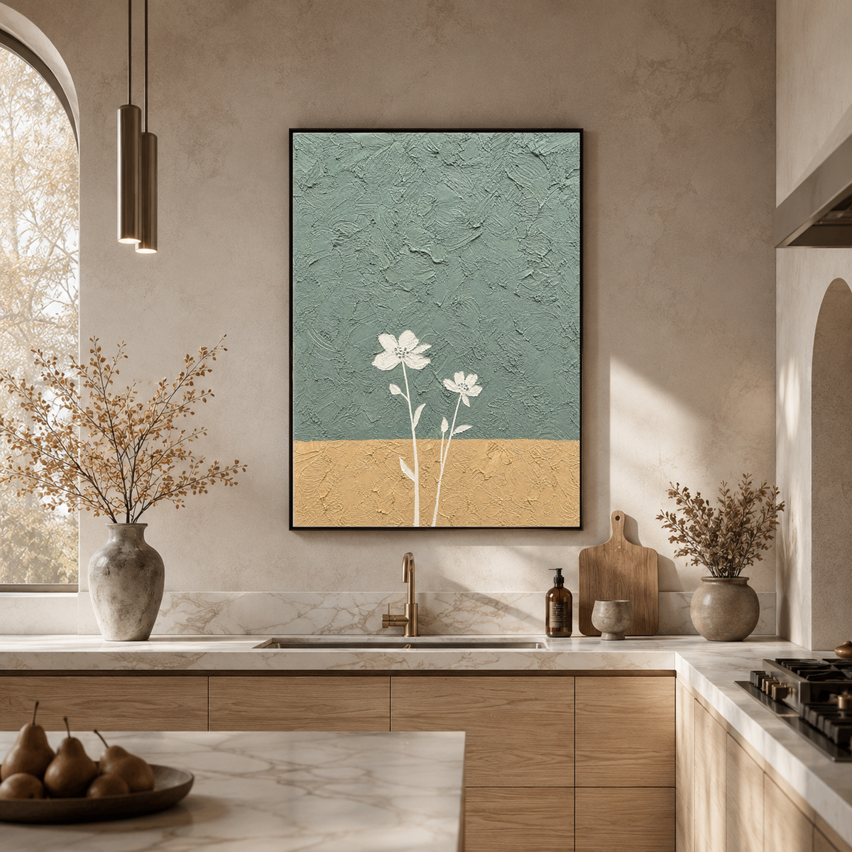 Minimalist Textured Vertical Wall Art Flower And Tree Sage Green Mustard Yellow White Plaster-style Dining Room Living Room
