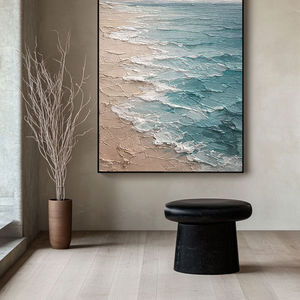 Textured Impasto Coastal Beach Scene Wall Art, Blue Ocean White Waves Beige Sand Light Grey Sky Framed Canvas Artwork, Minimalist Nature Inspired Decor for Living Room Bedroom Office Hallway Dining Room