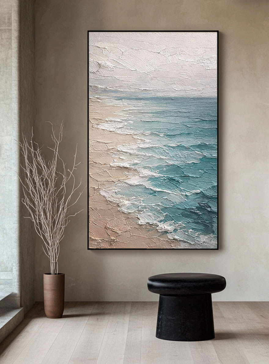 Textured Impasto Coastal Beach Scene Wall Art, Blue Ocean White Waves Beige Sand Light Grey Sky Framed Canvas Artwork, Minimalist Nature Inspired Decor for Living Room Bedroom Office Hallway Dining Room