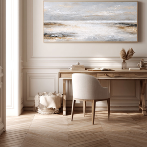 Abstract Neutral Toned Textured Seascape Impasto Wall Art, Large Panoramic Soft Grey White Beige Brown Coastal Canvas Artwork, Modern Minimalist Living Room Bedroom Decor, Framed Horizontal Painting