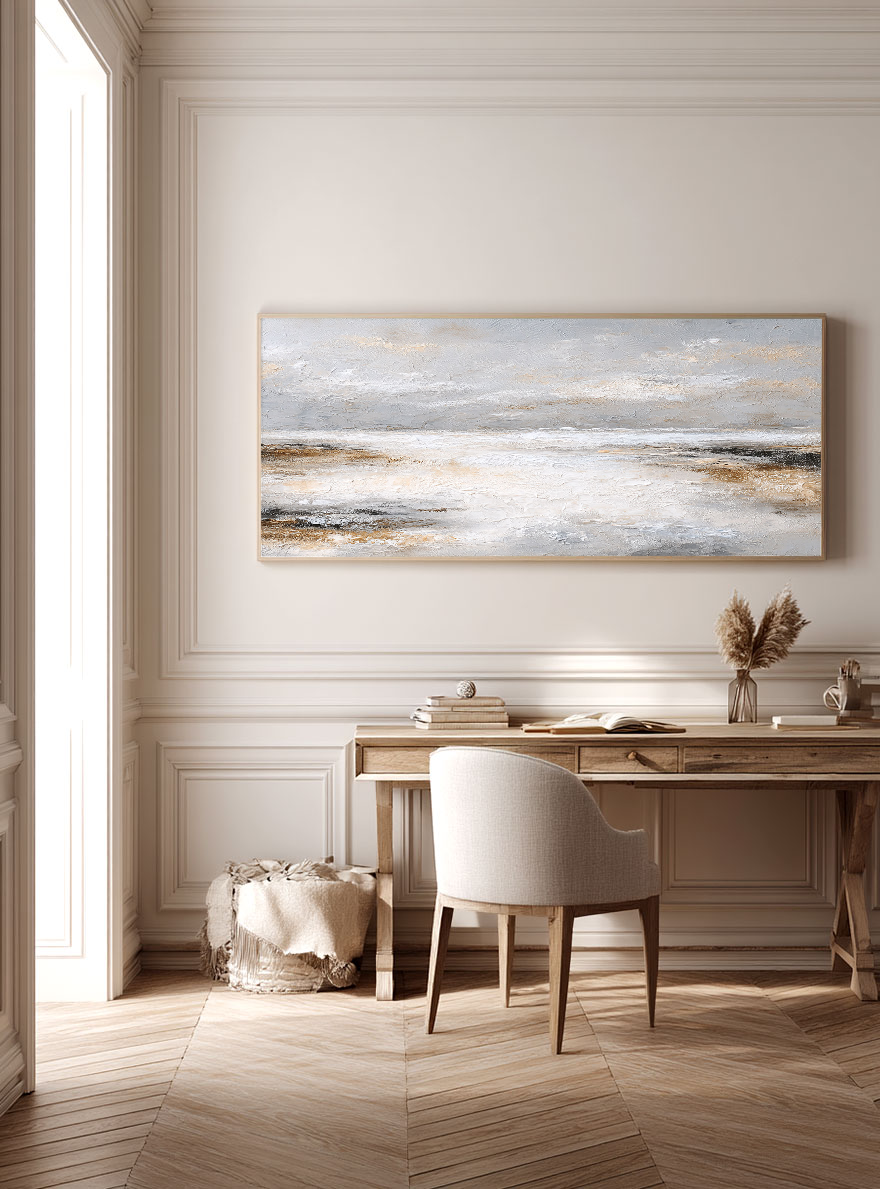 Abstract Neutral Toned Textured Seascape Impasto Wall Art, Large Panoramic Soft Grey White Beige Brown Coastal Canvas Artwork, Modern Minimalist Living Room Bedroom Decor, Framed Horizontal Painting