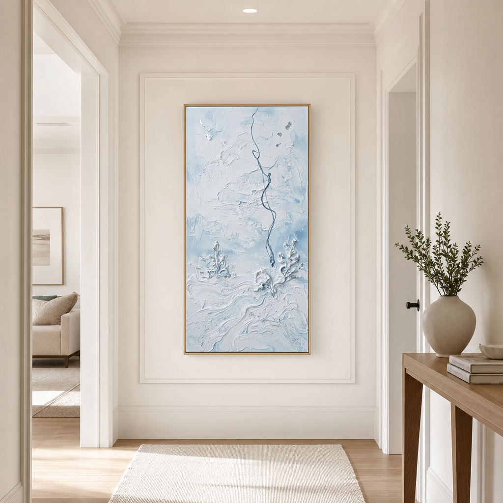 Minimalist Light Blue White Abstract Textured Ocean-inspired Framed Wall Art for Modern Living Room Bedroom Dining Room Hallway Office