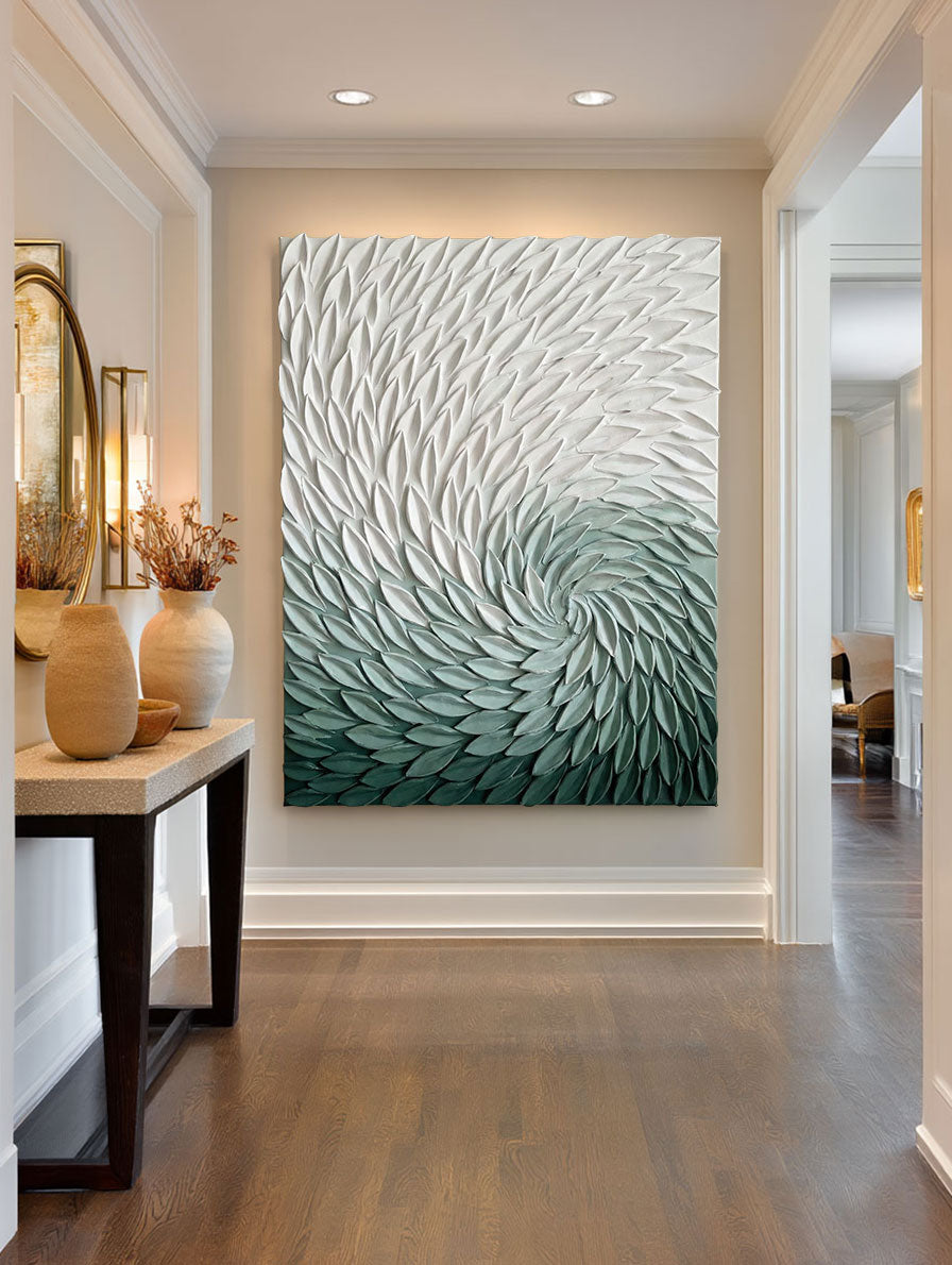 3D Green White Spiral Abstract Textured Wall Art Modern Minimalist Thick Relief Plume Leaf-like Decor for Home Office Dining Bedroom Living Room Hallway Large Canvas Unframed Contemporary Artwork