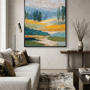 Thick Impasto Textured Landscape Wall Art – Warm Yellow Fields, Serene Blue Mountains & Water, Lush Green Trees, Soft Beige Sky – Elevate Modern Home Décor, Perfect for Living Room, Bedroom, Office, Dining Room, Hallway Ambiance