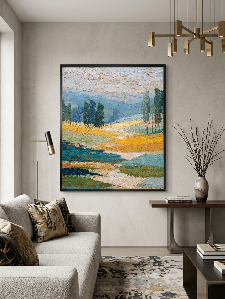 Thick Impasto Textured Landscape Wall Art – Warm Yellow Fields, Serene Blue Mountains & Water, Lush Green Trees, Soft Beige Sky – Elevate Modern Home Décor, Perfect for Living Room, Bedroom, Office, Dining Room, Hallway Ambiance