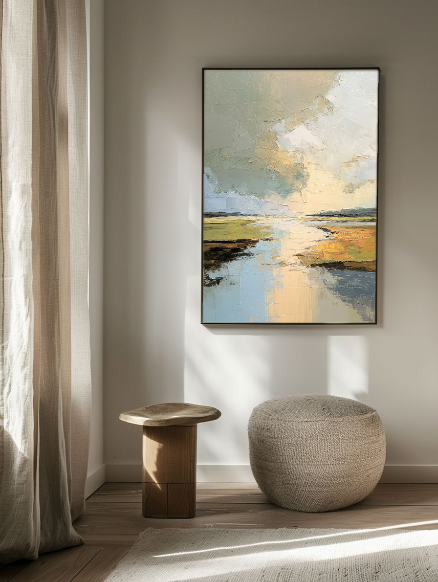 Abstract Landscape Textured Impasto Wall Art, Soft Beige Green Blue White Canvas Painting, Large Calm Nature Scenery Artwork for Living Room Bedroom Office, Modern Minimalist Home Decor Framed or Unframed