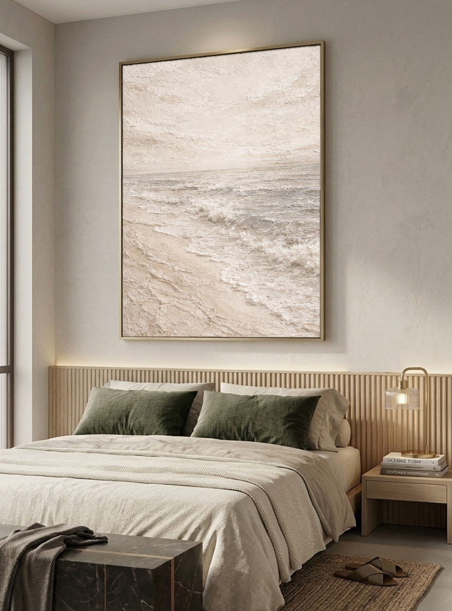 Minimalist Neutral Ocean Wave Textured Wall Art Beige White Grey Abstract Beach Scene Impasto Painting Coastal Artwork for Living Room Bedroom Dining Room Office Hallway