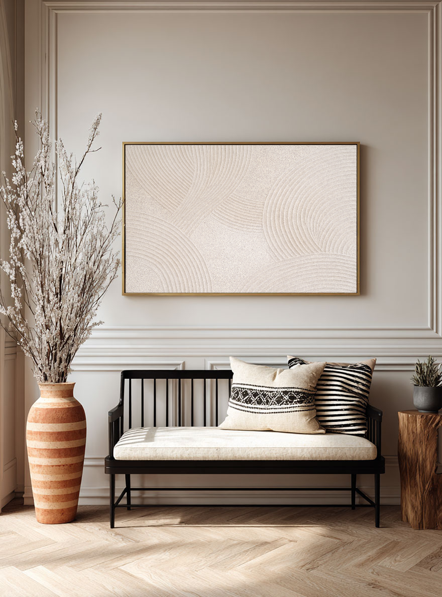Minimalist Abstract Beige White Textured Geometric Arc Lines Framed Canvas Wall Art Neutral Modern Decor for Living Room Bedroom Office