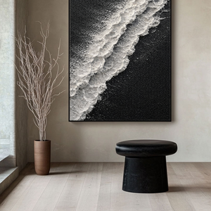 Black and White Abstract Ocean Wave Textured Wall Art, Minimalist Monochrome 3D Wave Texture Canvas Artwork for Modern Home Decor, Framed Coastal Inspired Black White Plaster Wall Art for Living Room Bedroom Office