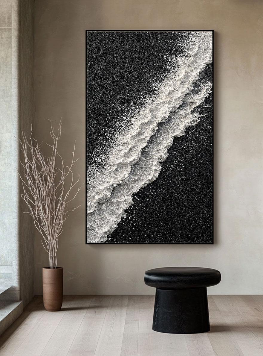 Black and White Abstract Ocean Wave Textured Wall Art, Minimalist Monochrome 3D Wave Texture Canvas Artwork for Modern Home Decor, Framed Coastal Inspired Black White Plaster Wall Art for Living Room Bedroom Office