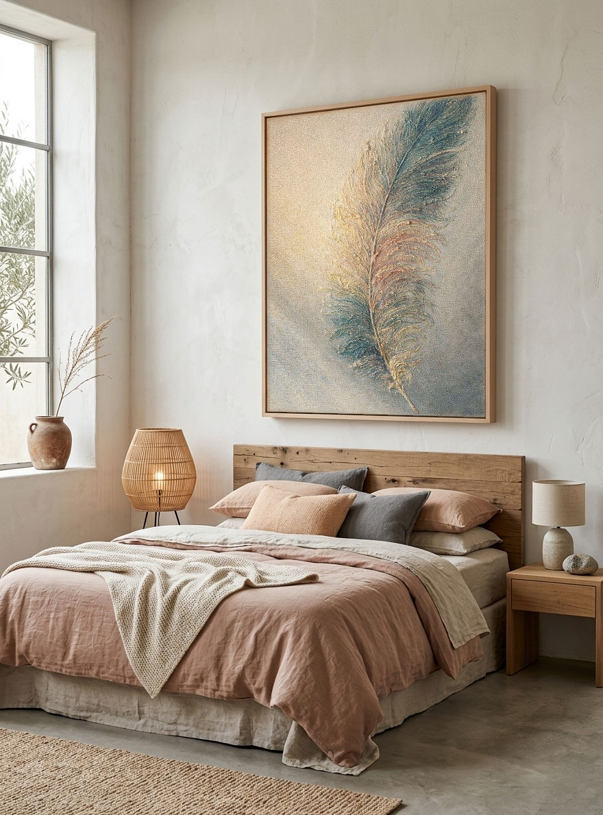 Elegant Soft Textured Feather Framed Wall Art Muted Blue Gold Pink Beige Nature Inspired Stylized Artwork for Modern Minimalist Home Decor Bedroom Living Room Office Dining Hallway