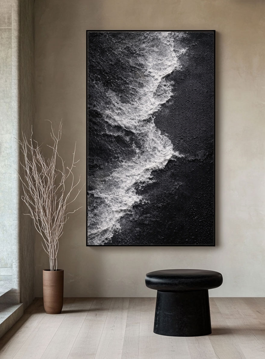 Black and White Abstract Ocean Wave Textured Canvas Wall Art Modern Minimalist Coastal Scene Artwork for Living Room Bedroom Office Hallway Dining Room