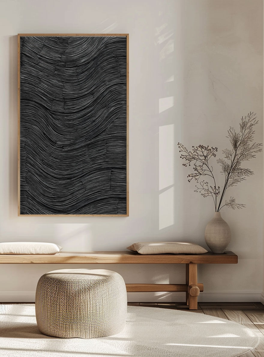 Modern Minimalist Dark Grey Black Abstract Textured 3D Relief Wave Line Wall Art for Office Hallway Living Room Bedroom Dining Room