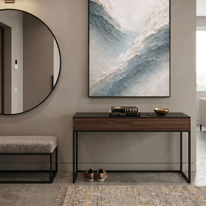 Minimalist Abstract Ocean Wave Textured Impasto Wall Art Blue White Beige Thick Knife Brush Strokes Painting Modern Decor for Home Office