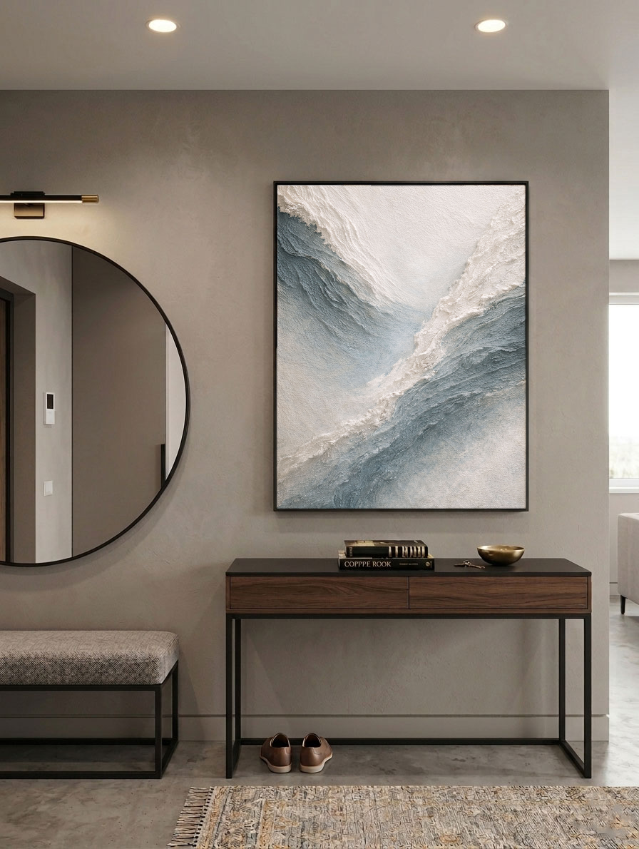 Minimalist Abstract Ocean Wave Textured Impasto Wall Art Blue White Beige Thick Knife Brush Strokes Painting Modern Decor for Home Office