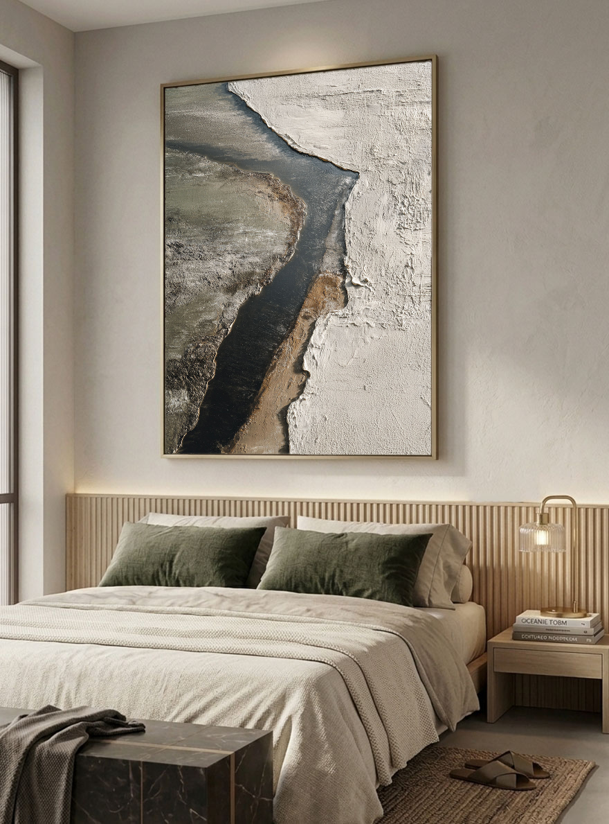 Minimalist Abstract Textured Riverbed Landscape Wabi Sabi Style Framed Canvas Wall Art, Thick Impasto Paint with Knife Marks, Neutral Tone Decor for Modern Home & Office