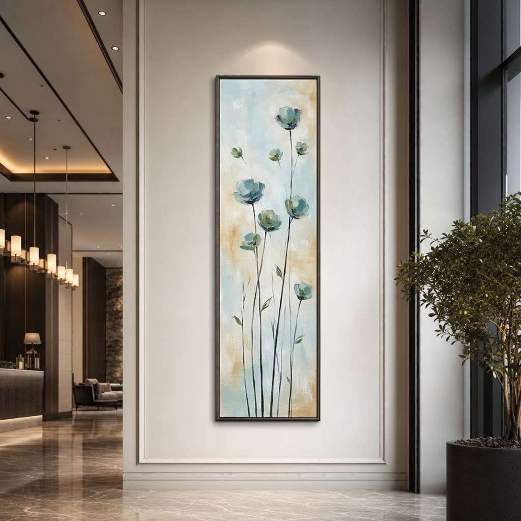 Abstract Floral Canvas Wall Art Soft Blue Beige Brown White Vertical Long Panel Botanical Painting Framed Minimalist Decor For Living Room Bedroom Dining Room Hallway Office