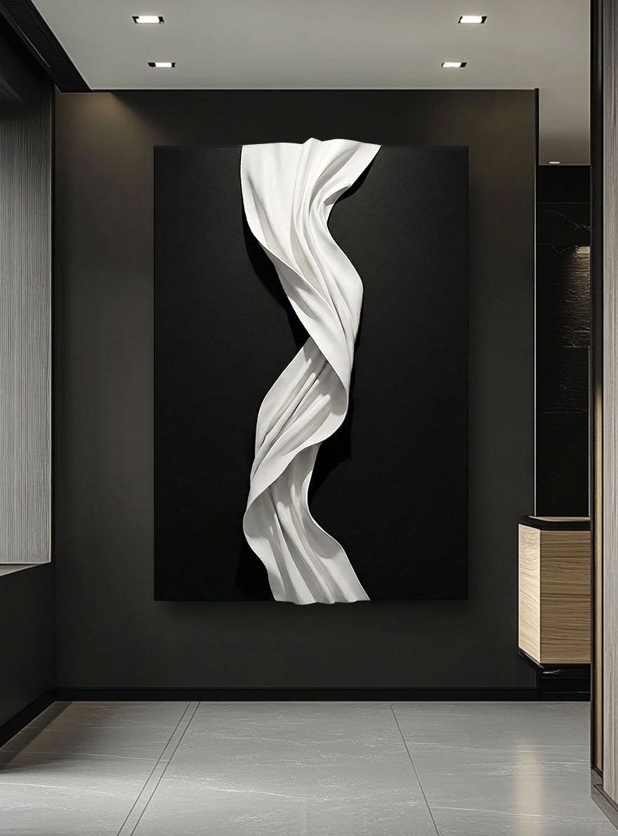 Black and White Abstract 3D Twisted Wave Minimalist Modern Textured Wall Art Elegant Monochrome Decor for Contemporary Home and Office Interiors