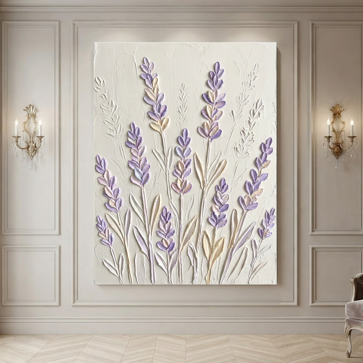 Textured Lavender Flower Vertical Wall Art, Soft Purple Beige off White Acrylic-style 3D Relief, Bedroom Living Room Decor