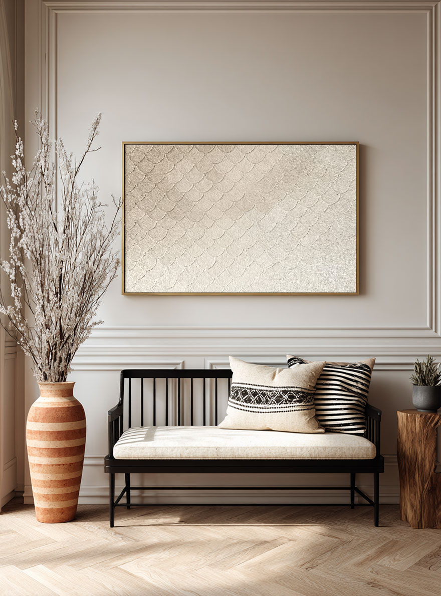 Minimalist Beige White Scale Curved Geometry Organic Pattern Textured Abstract Wall Art Warm Soft Neutral Home Decor for Living Room Bedroom Office Hallway Dining Room Calm Relaxing Framed