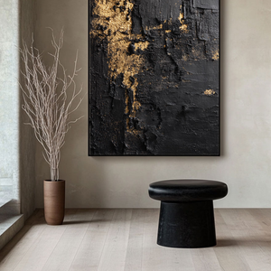 Modern Black and Gold Abstract Textured Wall Art, Thick Impasto Dark Luxury Canvas Painting, Heavy Knife Marks Bold Gold Accent Details Monochrome Rich Tone Artwork for Living Room Bedroom Office Dining Room Hallway